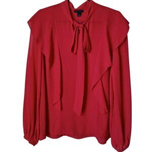 Ann Taylor, red, sheer, chiffon, ruffle, long sleeve, tie-neck, blouse, M